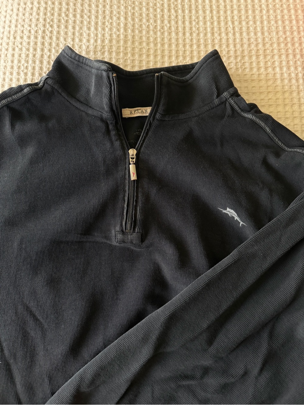 Tommy Bahama Men’s Black Quarter-Zip Sweater with Small Embroidered Marlin